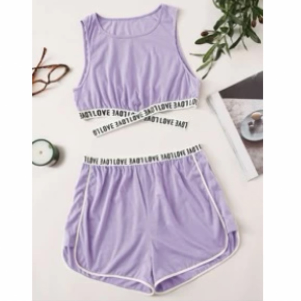 Lavender Contrast Binding Letter Tape Crop Top & Dolphin Shorts Lounge Set NWOT